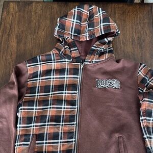 Ransom Split Plaid and Solid Brown Flannel Full Zip Y2K Grunge Angel Wings